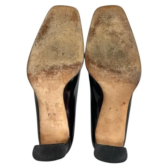 Vintage Escada Black/Brown Leather Pumps Metal Logo Stiletto Size 7B - Picture 14 of 14